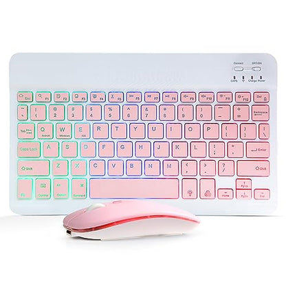 Bluetooth Keyboard and Mouse Combo for iPad - Rechargeable Wireless Keyboard & Mouse with 7-Color Backlit Compatible with iPad 9th/8th Gen, iPad Pro/Air/Mini, iPhone14/13/12 Pro,(10 inch Pink) - color: pink