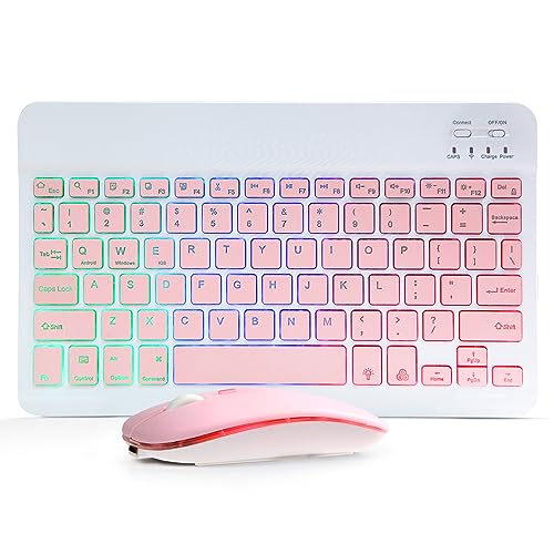 Bluetooth Keyboard and Mouse Combo for iPad - Rechargeable Wireless Keyboard & Mouse with 7-Color Backlit Compatible with iPad 9th/8th Gen, iPad Pro/Air/Mini, iPhone14/13/12 Pro,(10 inch Pink) - color: pink