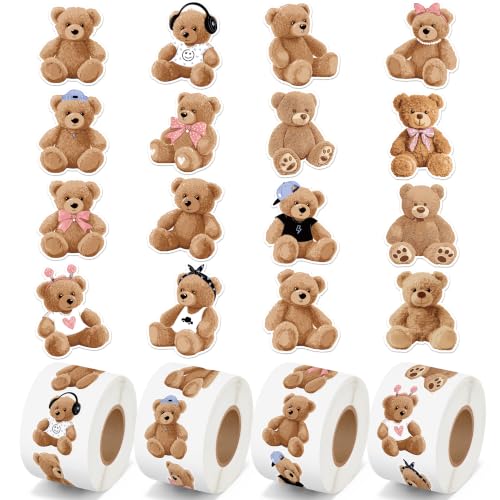 CNhoqc Realistic Teddy Bear Sticker Rolls, 2000Pcs in 4 Rolls, 16 Designs | Water Bottle Laptop Stickers, Waterproof Vinyl Self Adhesive, Page Activity Pad, Birthday Party Favor, Scrapbook Journal - style: 4 Rolls Realistic Teddy Bear
