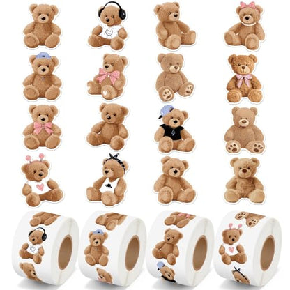 CNhoqc Realistic Teddy Bear Sticker Rolls, 2000Pcs in 4 Rolls, 16 Designs | Water Bottle Laptop Stickers, Waterproof Vinyl Self Adhesive, Page Activity Pad, Birthday Party Favor, Scrapbook Journal - style: 4 Rolls Realistic Teddy Bear