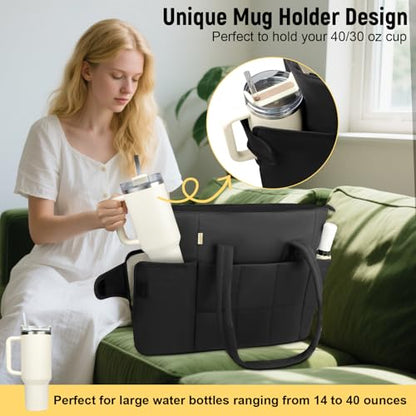 Puffer Tote Bag with Large Cup Holder& 15.6 Inch Laptop Compartment, Lightweight Puffy Work Bag with Water Bottle Pocket, Large Laptop Tote with Clutch Purse for Women Teacher Nurse (Black) - color: Black
