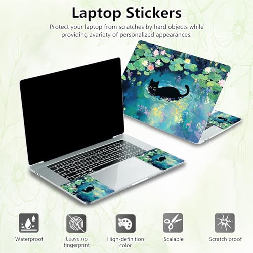 Laptop Skin Sticker Decal, Universal Reusable Vinyl Laptop Cover for 12" 13" 13.3" 14" 15" 15.4" 15.6" Notebook PC, Reusable Waterproof Scratch-Resistant with 2 Wrist Pads,Black Cat Lotus - color: Black Cat Lotus