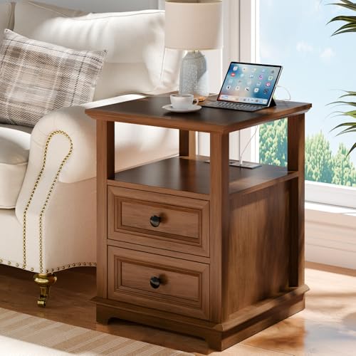 End Table with Fast USB C Charging Station & 2 Drawers | 18" Wide Tall Sofa Side Table, Large Storage Rustic Wood Square Storage Cabinet for Living Room,Bedroom,Office - color: Glossy Brown, size: 1 Piece