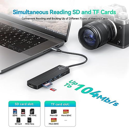 Yottamaster USB-C Hub 7 Ports with SD&TF Card Reader, 4K HDMI Display, Three 5Gbps USB-A Data Ports, 100W PD Input, Powered USB3.0 Hub, USB to HDMI Adapter for PC/Laptop