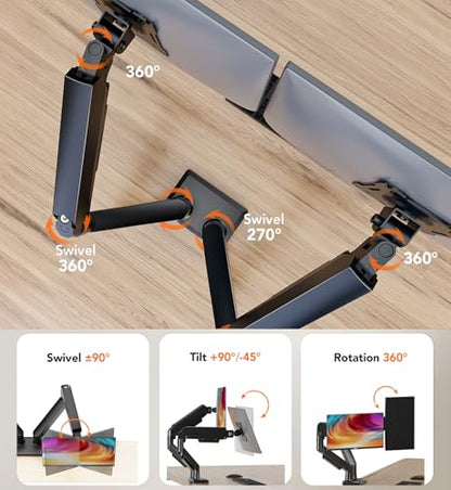 Dual Monitor Stand Adjustable Monitor Desk Mount for 17″–32″ Computer Screens, Full Motion VESA Pattern 75x75/100x100 with C-Clamp & Grommet Aluminum Base, Each Arm Holds 4.4 to 20 lbs HD09B-201 - size: dual monitor arm