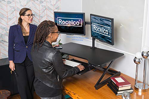 Rocelco 38" Height Adjustable Standing Desk Converter with Dual Monitor Mount Bundle - Sit Stand Computer Workstation Riser - Retractable Keyboard Tray Gas Spring - Black (R DADRB-38-DM2)