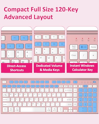 FENIFOX Wireless Silent Keyboard, Ultra Quiet USB C Low Profile Compact Full Size with Number Pad Flat Slim Thin Soft Touch for Mac Computer MacBook iMac PC Laptop Desktop Office (Pink Rose Gold) - color: Pink Rose Gold