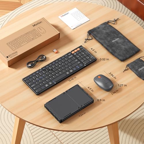 MEETION Foldable Wireless Keyboard and Mouse Combo, Rechargeable, Black | Full-size folding design, 2.4G plus dual Bluetooth, compact for business travel, compatible with Windows, Mac, iPad, Android