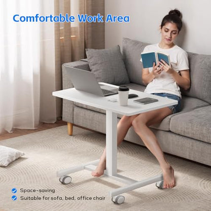 CROWNFURN Mobile Small Standing Rolling Desk Adjustable Height, Portable Laptop Desk on Wheels, Workstation for Home Office with Hook,White