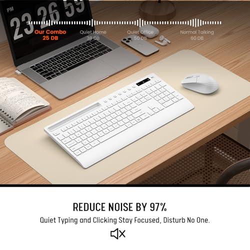 White Wireless Keyboard and Mouse Combo - Full-Size Quiet Keyboards with Palm Rest, Phone Holder, Multimedia Keys, Batteries Included, Office Key Board Compatible with Windows, PC, Laptop - Trueque - color: Snow White