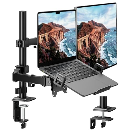 monTEK Monitor and Laptop Stand for 32" Screen and 17" Laptop | 2-in-1 desk mount holds 22 lbs, with height adjustment, tilt, swivel, clamp/grommet bases and VESA 75/100