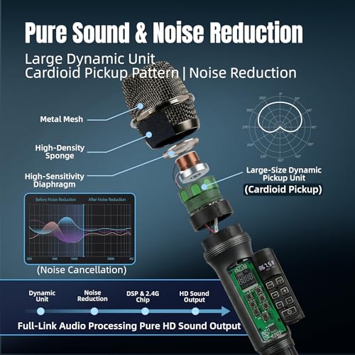 Wireless Microphones for Karaoke Singing, Professional Dual Cordless Mic System with 500ft Range, Rechargeable Receiver, 2.4GHz Auto-Connect, AI Noise Cancelling, Echo/Vol Control for DJ Church Party