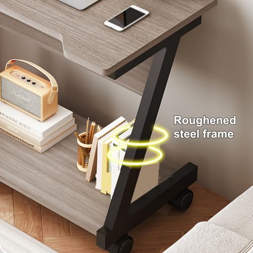 Overbed Table with Wheels Steel Wooden Bedside Table, Laptop Bedside Table, Movable Sofa Side Table, Z Frame, Shaped Table Top, for Bedroom, Living Room(White) - color: White