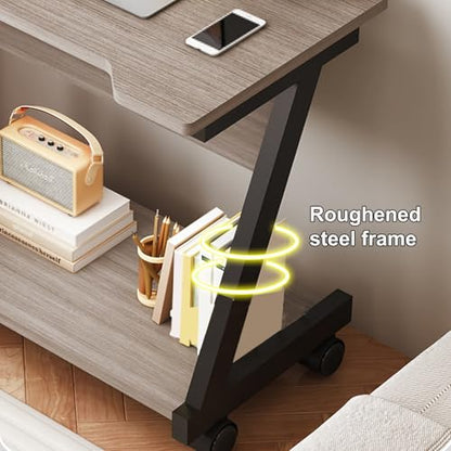 Overbed Table with Wheels Steel Wooden Bedside Table, Laptop Bedside Table, Movable Sofa Side Table, Z Frame, Shaped Table Top, for Bedroom, Living Room(White) - color: White