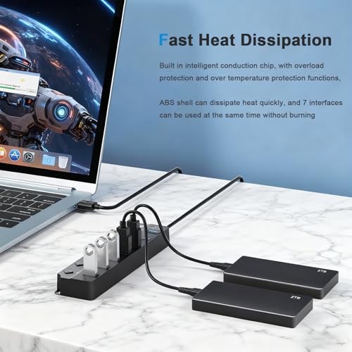 USB Hub 7 Port,USB 3.0 Hub Splitter with Individual On/Off LED Switches and Lights,USB Hub Compatible with MacBook,5Gbps HighSpeed Data for Laptop,Mac,PC,Desktop,PS5,Xbox and Flash Drive, Mobile HDD - style: USB 3.0