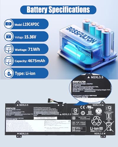 71Wh L19C4PDC L19M4PDC Battery Replacement for Lenovo Ideapad Yoga 7-14ITL5 82BH 7-15ITL5 82BJ Series Notebook L19L4PDC B10Z26482 SB10Z26481-15.36V 4675mAh - size: 11.22*3.58*0.24 IN L19C4PDC