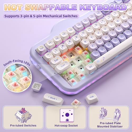 YUNZII C98 Wireless Mechanical Keyboard with Number Pad,99 Key BT5.0/2.4G/USB-C Hot Swap Gasket Mount with PBT MOA Keycaps,Custom RGB,Cute Cake Keyboard for Win/Mac (Purple, Candy Linear Switch) - color: Purple, size: Candy Linear Switch