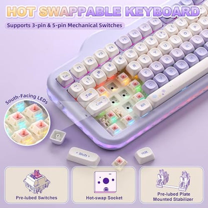YUNZII C98 Wireless Mechanical Keyboard with Number Pad,99 Key BT5.0/2.4G/USB-C Hot Swap Gasket Mount with PBT MOA Keycaps,Custom RGB,Cute Cake Keyboard for Win/Mac (Purple, Candy Linear Switch) - color: Purple, size: Candy Linear Switch