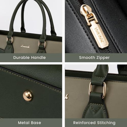LOVEVOOK Laptop Bag for Women,15.6 lnch Waterproof Lightweight Leather Tote Bag,Professional Business Office Work Bags with Clutch Purse,Large Capacity Computer Shoulder Handbag,Army-Grey-White - color: Army Green - Grass Grey Green - Beige White(leather)