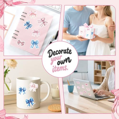 for iPad Case with 100 Pcs Cute DIY Bow Tie Vinyl Laptop Stickers Tweezers Decals, Waterproof Aesthetic Stickers Suitable for Phone, Water Bottles, Cups, Suitcases, Anywhere- Pink/Blue Bow - color: Pink /Blue Bow