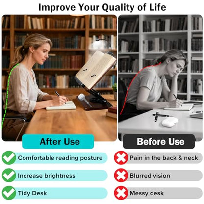 Book Stand with Light & Storage, Book Holders for Reading Hands Free | bible stand holder, wooden cookbook stand, adjustable Height, 360 °Angle, for Recipe Magazine Laptop Tablet Bible