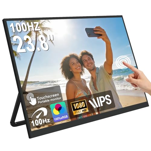 QQU 23.8" Large Portable Touchscreen Monitor, 1080P 100Hz FHD 100% sRGB USB-C HDMI Home Gaming Second Monitor Speakers w/120°Stand & VESA Travel Monitor for Laptop, MacBook, PC, Phone, Tablet, Switch