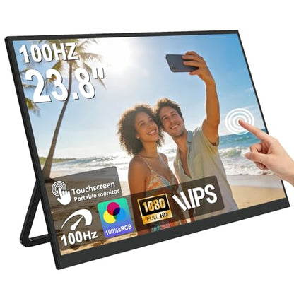 QQU 23.8" Large Portable Touchscreen Monitor, 1080P 100Hz FHD 100% sRGB USB-C HDMI Home Gaming Second Monitor Speakers w/120°Stand & VESA Travel Monitor for Laptop, MacBook, PC, Phone, Tablet, Switch