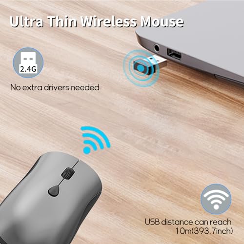 Slim Silent 2.4G Wireless Optical Mouse, Grey | Compatible MacBook, Chromebook, Laptop, PC; Quiet Click, 2400 DPI, Mini USB Receiver, Travel Portable Design - color: Grey
