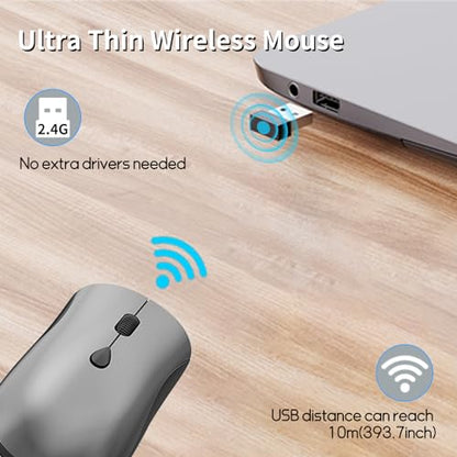 Slim Silent 2.4G Wireless Optical Mouse, Grey | Compatible MacBook, Chromebook, Laptop, PC; Quiet Click, 2400 DPI, Mini USB Receiver, Travel Portable Design - color: Grey