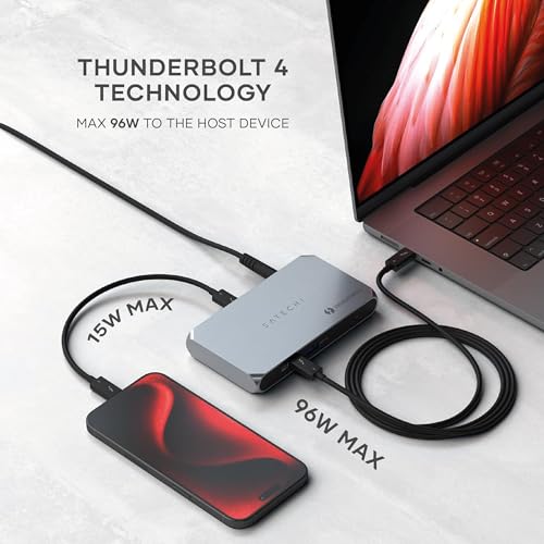 Satechi Thunderbolt 4 Dock Slim Hub Pro, USB C 100W Charging, Single 8K or Dual 4K Display, 4 Thunderbolt 4 Ports, USB 3.2 Gen2, for Mac/Windows, MacBook Air/Pro, Dell, Surface, Lenovo - style: Thunderbolt 4 Slim Pro Hub - 96W