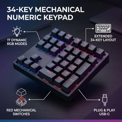 Zunate Mechanical Number Pad 34 Keys USB Wired Numpad, RGB Backlit PBT Keycaps Red Switch Numeric Keypad with Shortcut Keys for Laptop Desktop PC Data Entry Work