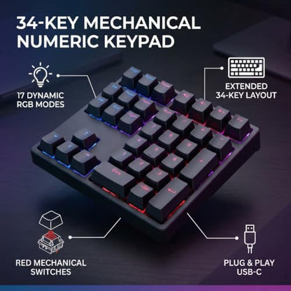 Zunate Mechanical Number Pad 34 Keys USB Wired Numpad, RGB Backlit PBT Keycaps Red Switch Numeric Keypad with Shortcut Keys for Laptop Desktop PC Data Entry Work