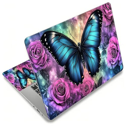 12.1”-15.6” Laptop Skin Sticker (Fits 13”, 13.3”, 14”, 15”, 15.4”) | Reusable Universal Protective Vinyl Art Decal Cover | Waterproof & Scratch-Resistant |Blue Butterfly Purple Rose Flower - color: Blue Butterfly Purple Rose Flower