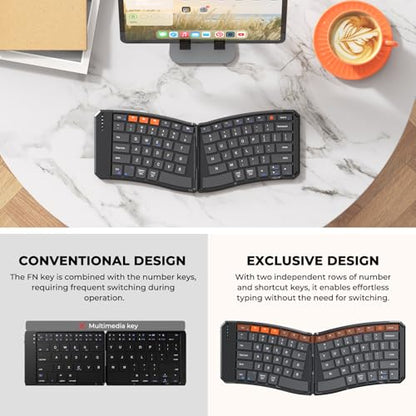 MEETION Foldable Bluetooth Keyboard, Split Ergonomic, Portable | Compact rechargeable folding keyboard with split ergonomic design, ideal for business travel, for Windows, Mac, iPad, Android