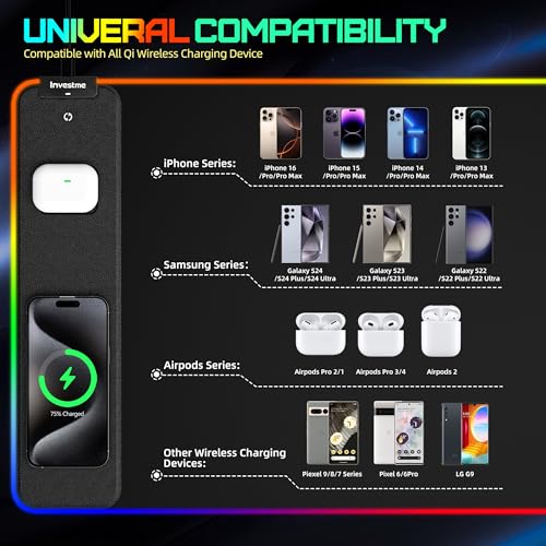Wireless Charging RGB Gaming Mouse Pad, Mouse Mat with 15W Fast Charging, LED Large Gaming Mousepad with 15 Lights Modes, Ultra-Smooth Surface, Waterproof Non-Slip Desk Pad for Laptop, MacBook, PC