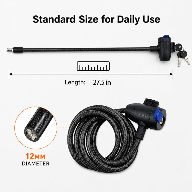 Bike Lock,Bike Cable Lock with Keys,Durable Steel,Coiled Steel Security Cable for Bicycle with Keys for Outdoor Equipment,Bicycles,Scooters,Fence