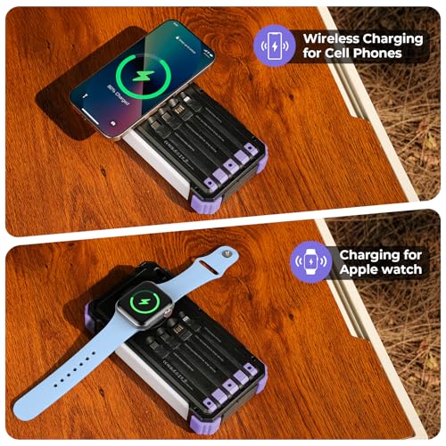 BLAVOR Solar Power Bank 20000mAh Built-in Cables, Wireless Charger for Phones & Apple Watch, 20W Fast Charging Battery Pack with USB C, Flashlight, Solar Charger for iPhone, iPad, iWatch, Samsung - color: Purple