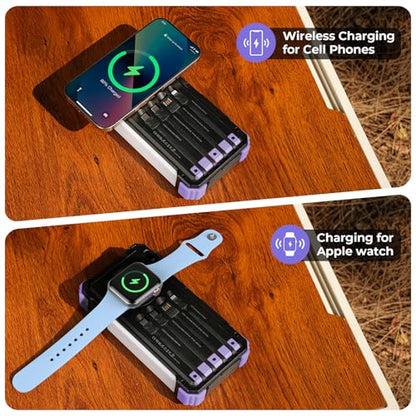 BLAVOR Solar Power Bank 20000mAh Built-in Cables, Wireless Charger for Phones & Apple Watch, 20W Fast Charging Battery Pack with USB C, Flashlight, Solar Charger for iPhone, iPad, iWatch, Samsung - color: Purple
