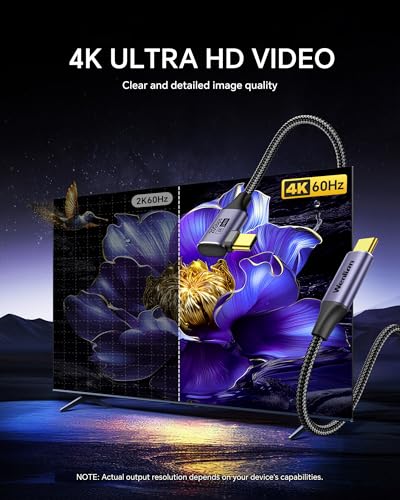 USB C Monitor Cable Right Angle 3.3FT, 4K@60Hz Display, 20Gbps Data Transfer, 240W Fast Charging, Braided Nylon Cable 90° USB C Video Cable for MacBook Air/Pro, iPhone 15/16/17, Portable Monitor - size: 3.3ft