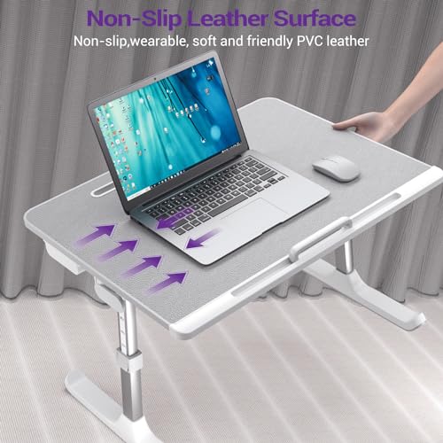 NEARPOW XXL Bed Table Tray, Adjustable Laptop Lap Desk for Couch, Black | Bed desk for laptop and writing features anti-slip leather, 5 heights, 4 angles, book stand, a drawer & removable stopper - color: Gray
