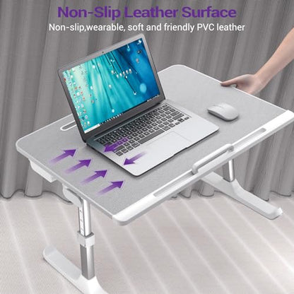 NEARPOW XXL Bed Table Tray, Adjustable Laptop Lap Desk for Couch, Black | Bed desk for laptop and writing features anti-slip leather, 5 heights, 4 angles, book stand, a drawer & removable stopper - color: Gray