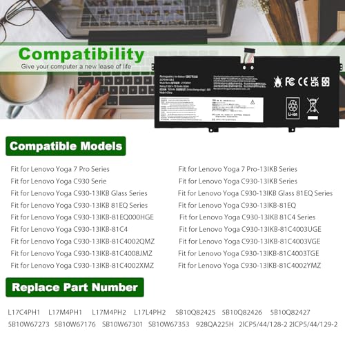 TREE.NB L17C4PH1 L17M4PH1 L17M4PH2 L17L4PH2 Laptop Battery for Lenovo Yoga 7 Pro Pro-13IKB C930 C930-13 C930-13IK C930-13IKB C930-131KB 930-13IKB-81EQ 81C4 81EQ Series 5B10Q82425 5B10Q82426 5B10Q82427 - size: 11.45x3.78x0.2inch L17C4PH1