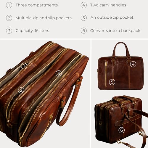 Time Resistance Leather Laptop Briefcase - Full Grain Leather Computer Bag for Men and Women | Leather - color: Brown
