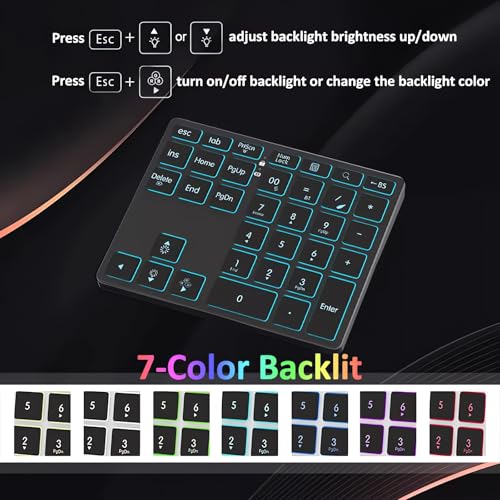 Tri-Mode Aluminum Numpad 7-Color LED Backlit, BT5.0/USB/2.4G Wireless Rechargeable Number Pad 35-Key Scissor Switches Light Up Keycaps for PC/Laptop/Win/Mac, Grey Black