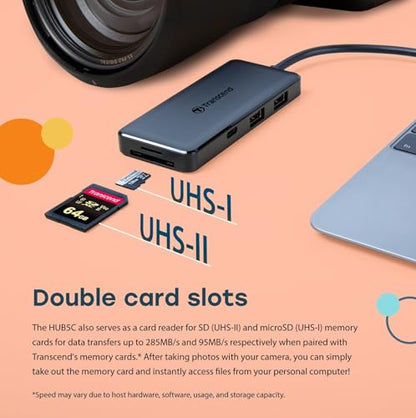 Transcend HUB 6 in 1 Hub, Type C, with 60W Power Delivery, 10Gbps USB C and 2 Type-A Ports, Micro SD and SD UHS-II Card Reader, for MacBook Pro, Labtop - TS-HUB5C - style: Type-C (6-in-1 HUB, with 60W PD)