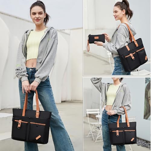 Laptop Bag for Women 15.6 Inch Work Tote Briefcase with USB Nylon Shoulder Handbag for Office Travel Business - color: Black