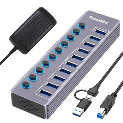 Powered 10-Port USB 3.0 Hub, USB C to 10 Ports USB Data Hub Splitter with Individual LED On/Off Switche, 3.3FT Cable, 12V/3A Power Adapter, for Laptop MacBook Pro/Air PC (Aluminum Gary)