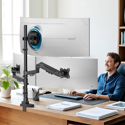 Triple Monitor Mount up to 49 inches, Fully Adjustable Heavy Duty 3 Monitor Arm with Gas Spring, Desk Mount for 3 Screens, C-Clamp & Grommet Base, Holds 44 lbs, Black