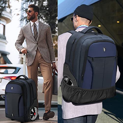 Rolling Backpack, Waterproof Backpack with Wheels for Business, Travel Commuter, Carry on Backpack with Laptop Compartment, Fit 15.6 Inch Laptop, Wheeled Backpack for Adults Women Men (Blue, 20inch) - color: Blue