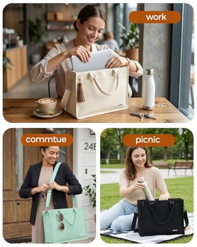 Canvas Tote Bag for Women With Zipper,14" Laptop Tote Bag for Work | Water Bottle Pocket,Padded Laptop Sleeve,Inner Key Leash,Premium Metal Hardware,Structured Canvas - color: Oat Beige